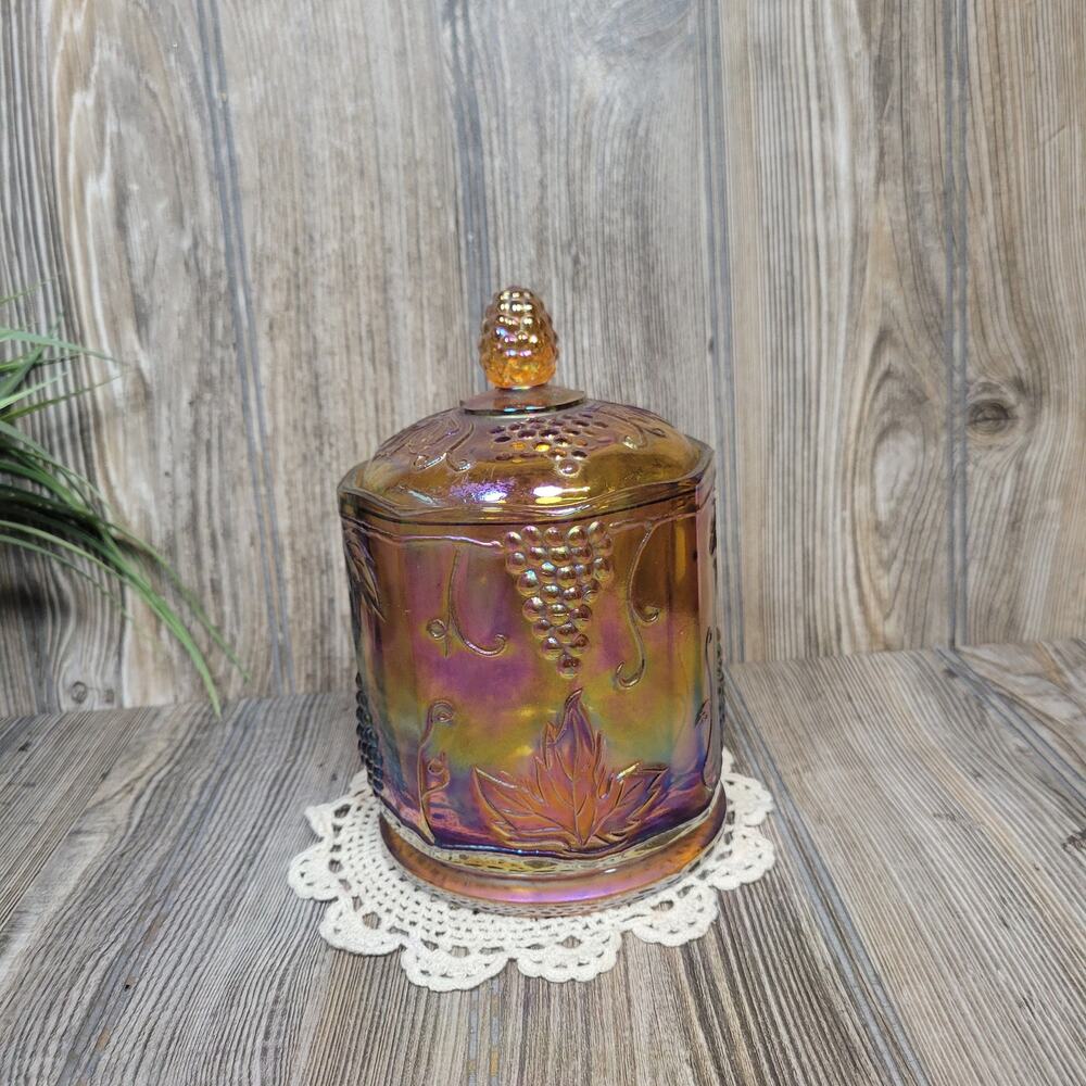 Vintage Indiana Glass Colony Harvest Grape Canister Amber Marigold Carnival Jar